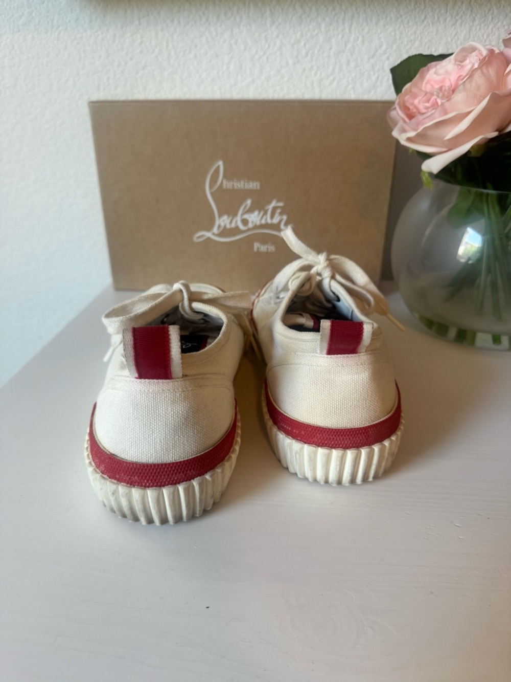 Christian Louboutin Ivory and Red Low-Top Canvas Sneakers - Picture 7 of 13